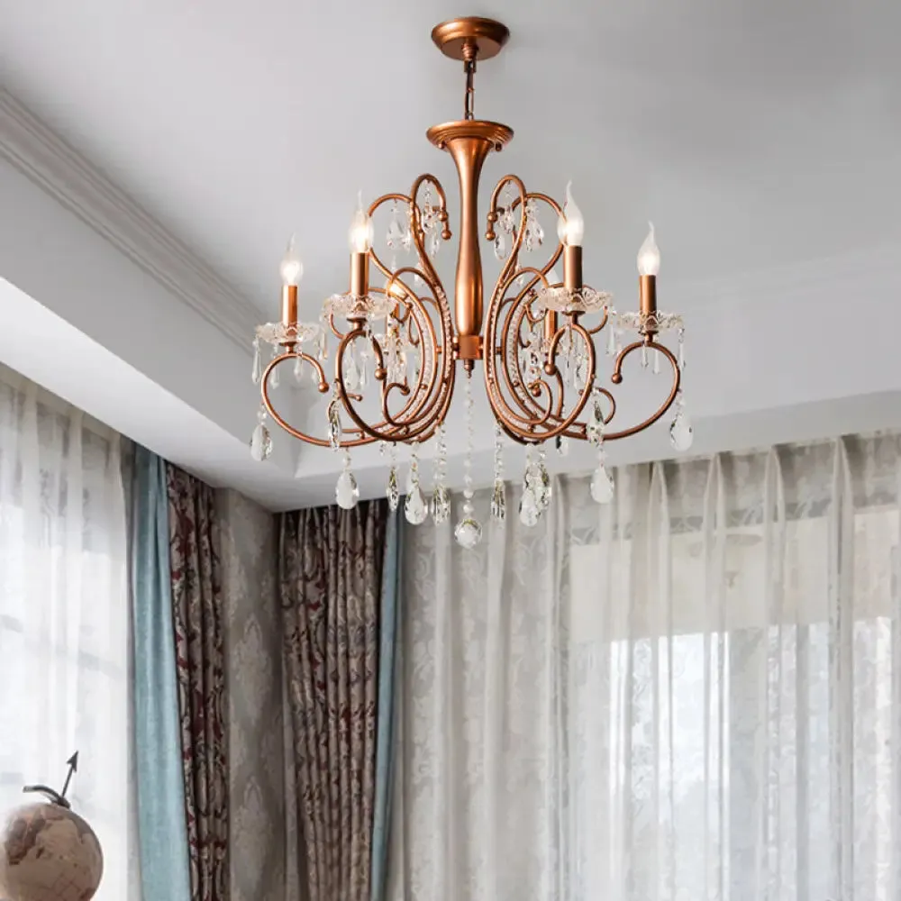 Brass Crystal Curvy Chandelier Lamp with Countryside Charm - 3/6/8 Lights