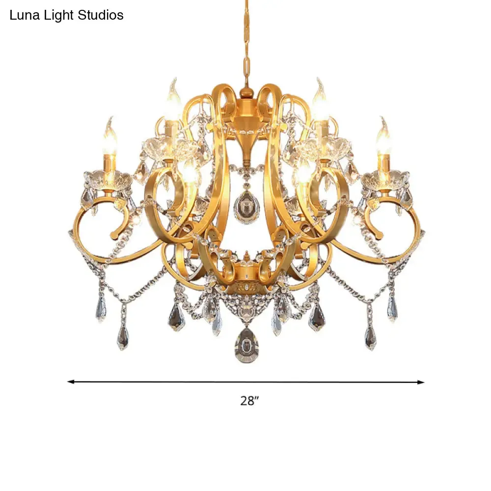 Brass Crystal Drop Chandelier Lamp - Postmodern Pendant Light for Candle Dining Room, 6 Heads