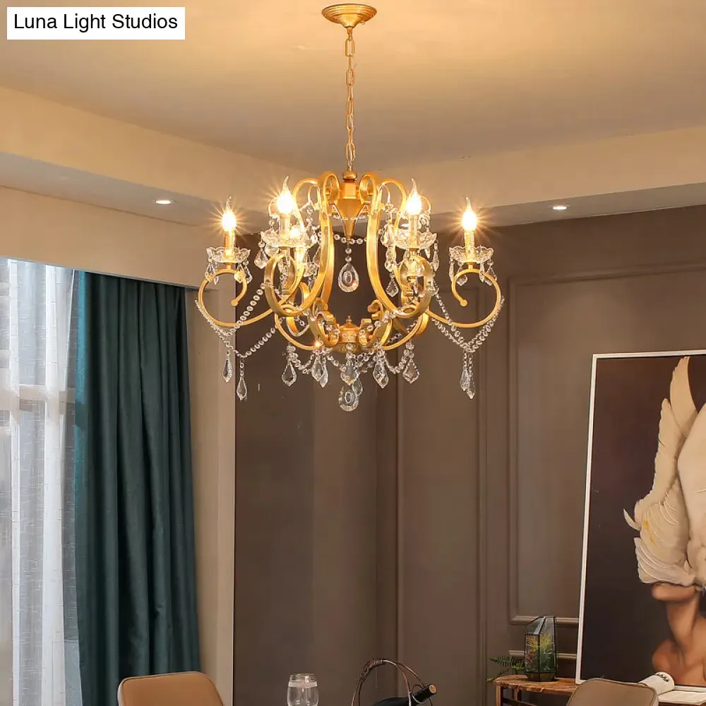 Brass Crystal Drop Chandelier Lamp - Postmodern Pendant Light for Candle Dining Room, 6 Heads