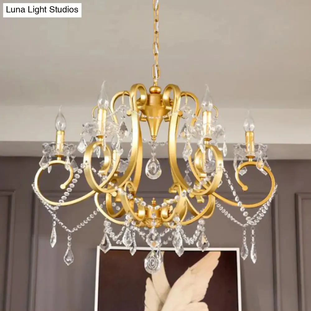 Brass Crystal Drop Chandelier Lamp - Postmodern Pendant Light for Candle Dining Room, 6 Heads