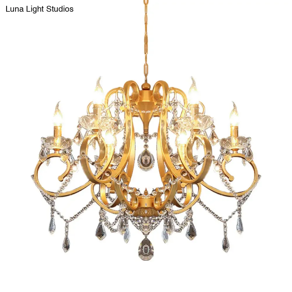 Brass Crystal Drop Chandelier Lamp - Postmodern Pendant Light for Candle Dining Room, 6 Heads