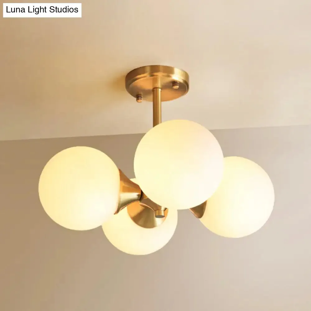 Brass Globe Semi Flush Mount Light with Opal Glass - Postmodern Design for Bedroom