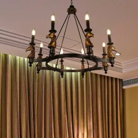 Brass Industrial Wagon Wheel Chandelier with 8 Lights - Perfect for Dining Room