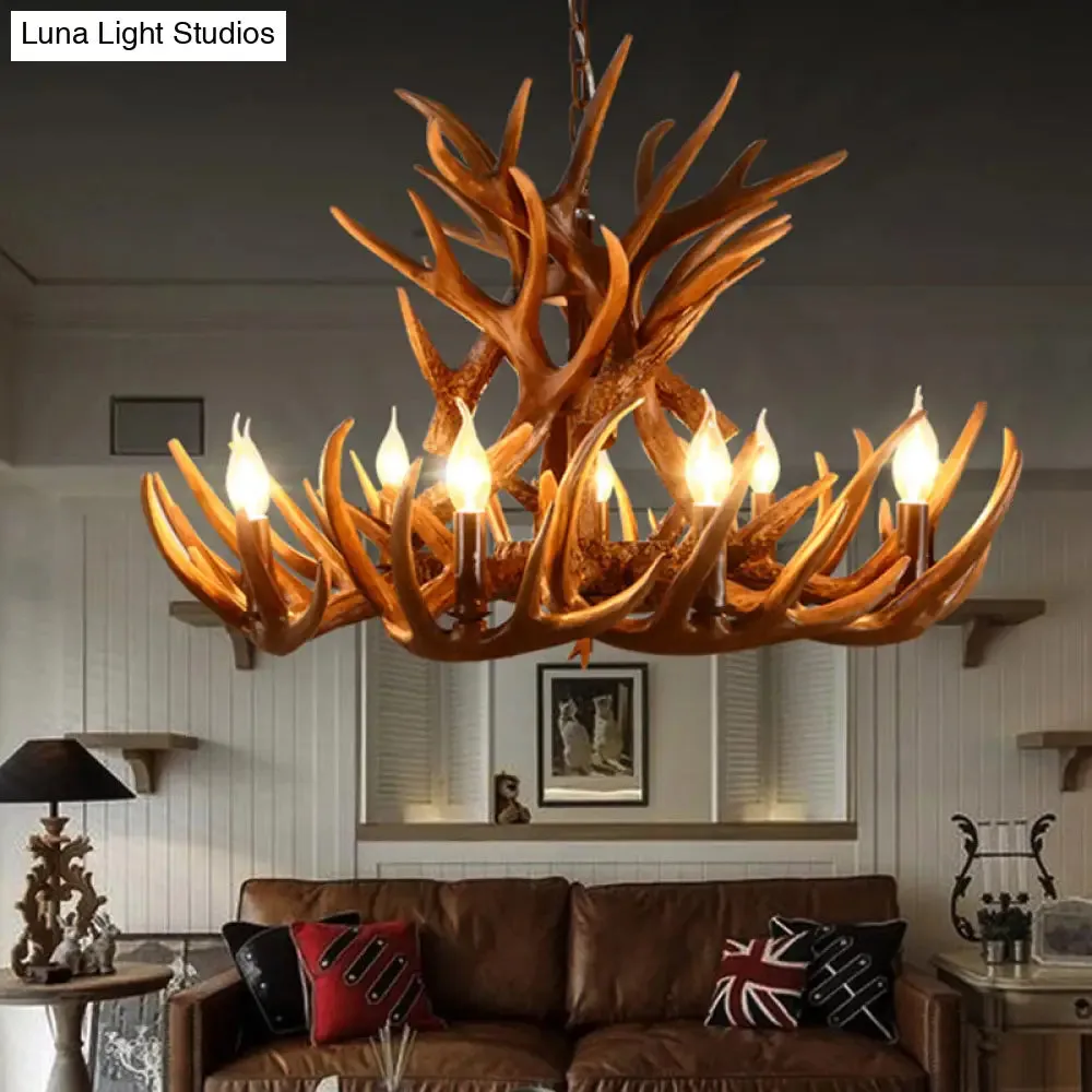 Brown Resin Candelabra Chandelier: 9-Head Pendant Ceiling Light for Rural Restaurants