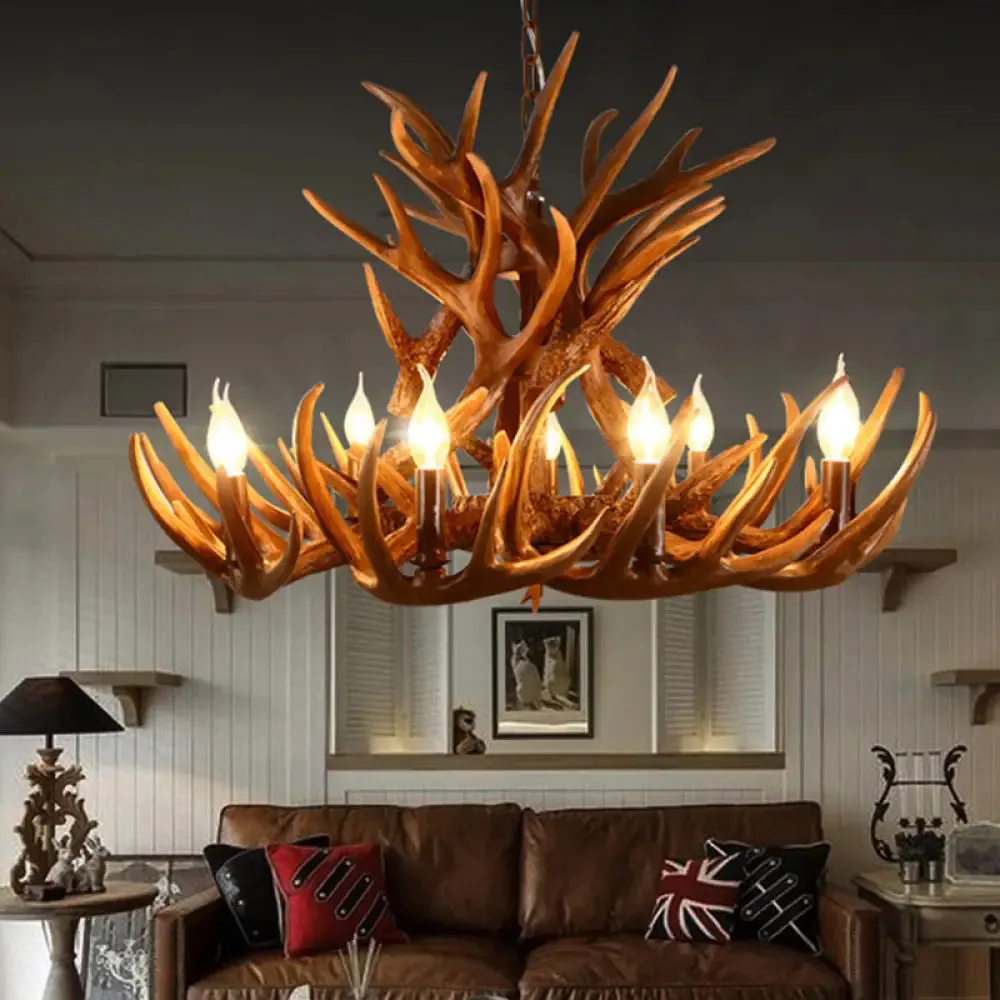 Brown Resin Candelabra Chandelier: 9-Head Pendant Ceiling Light for Rural Restaurants