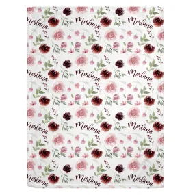 Burgundy Blush Floral Personalized Minky Blanket (Smooth Minky)