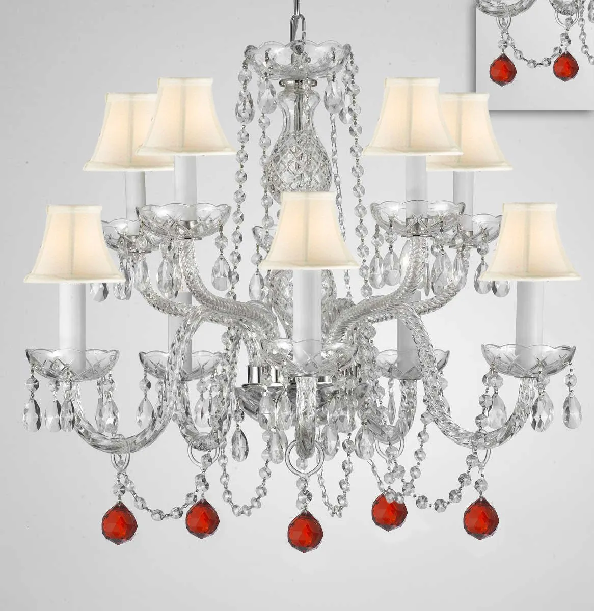 Chandelier Lighting Crystal Chandeliers H25" X W24" 10 Lights - Dressed w/ Ruby Red Crystal Balls! Great for Dining Room, Foyer, Entry Way, Living Room, Bedroom, Kitchen! w/White Shades - G46-B96/WHITESHADES/CS/1122/5 5