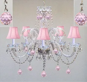 Chandelier Lighting W/ Crystal Pink Shades & Balls H25" X W24" - Perfect For Kid'S And Girls Bedroom - Go-A46-Pinkshades/387/5/Pinkballs