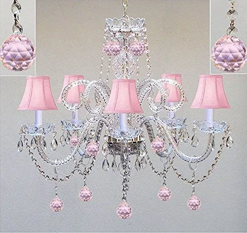 Chandelier Lighting W/ Crystal Pink Shades & Balls H25" X W24" - Perfect For Kid'S And Girls Bedroom - Go-A46-Pinkshades/387/5/Pinkballs