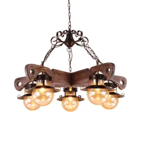 Cognac Seeded Glass Chandelier with Rustic Ball Pendant: 5/9 Lights Industrial Lighting