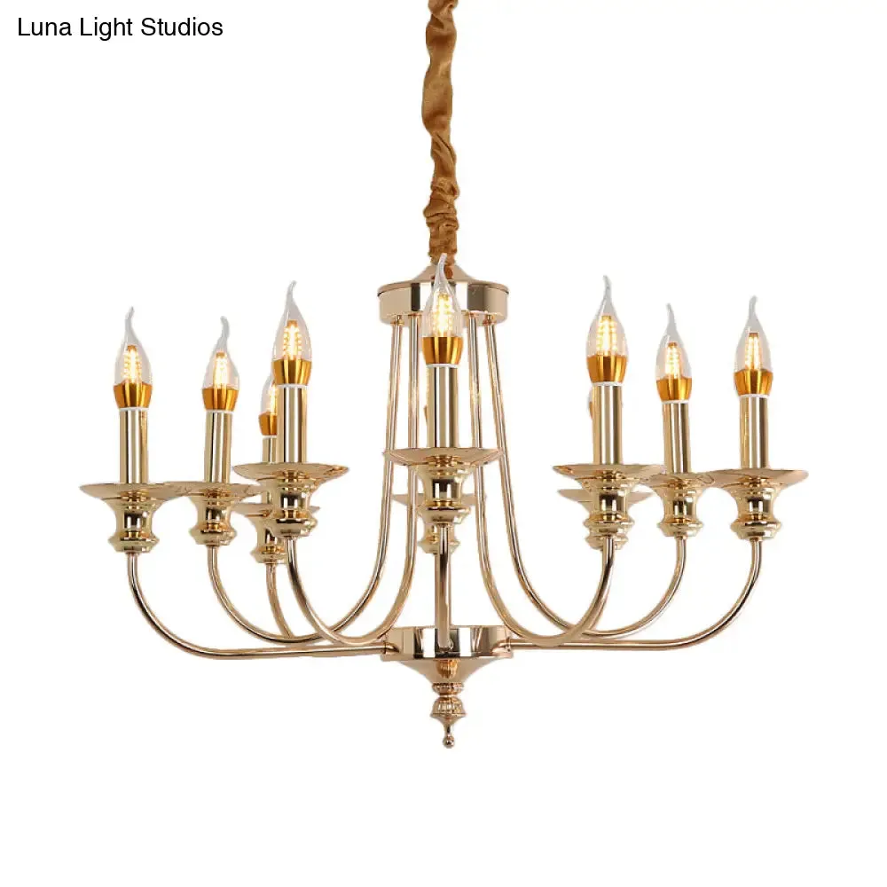 Colonial Metal Candelabra Chandelier: 10-Light Gold Pendant with Curvy Arm for Living Room