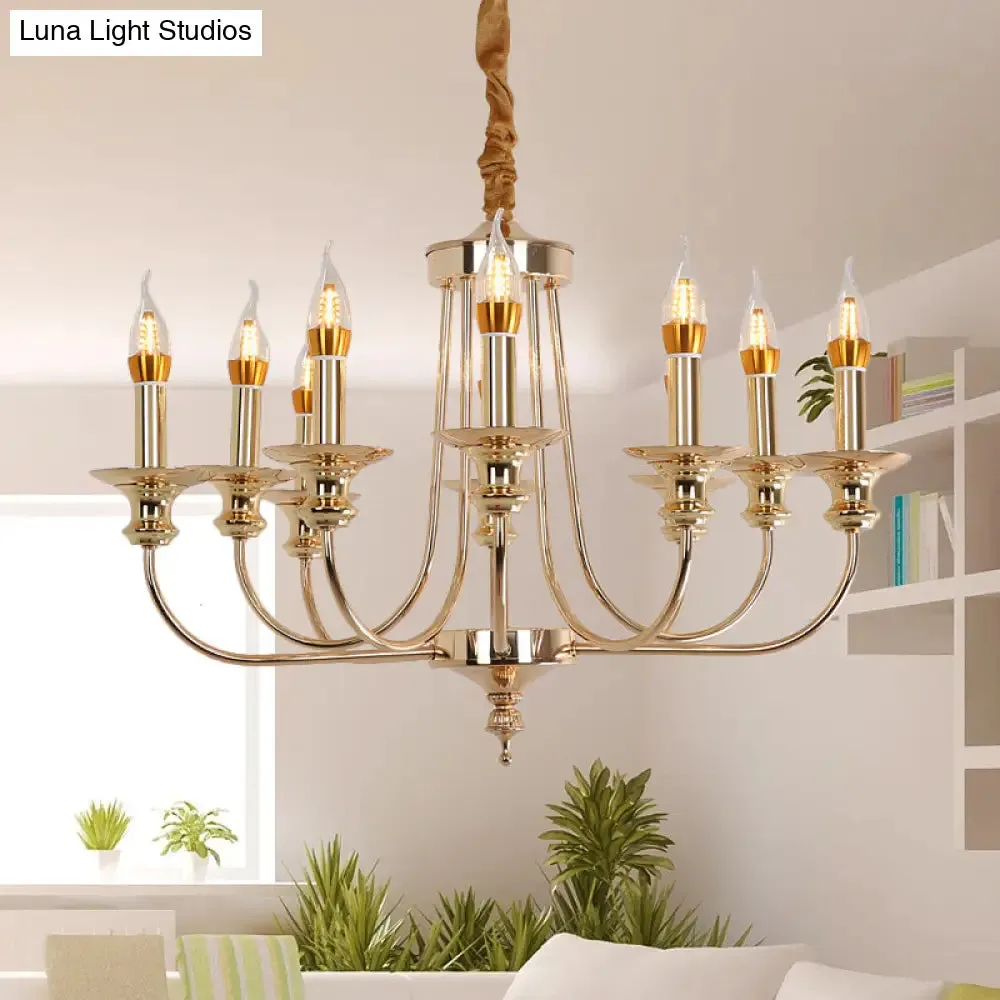 Colonial Metal Candelabra Chandelier: 10-Light Gold Pendant with Curvy Arm for Living Room