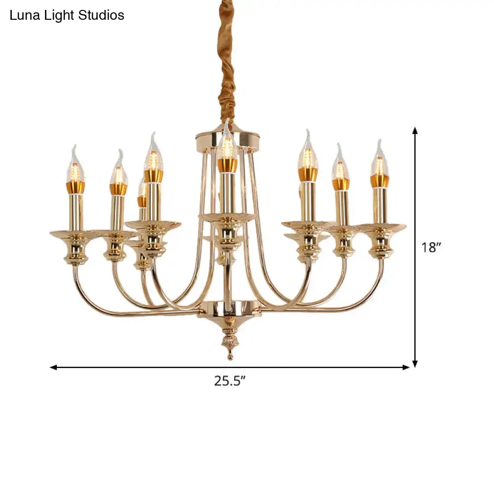 Colonial Metal Candelabra Chandelier: 10-Light Gold Pendant with Curvy Arm for Living Room