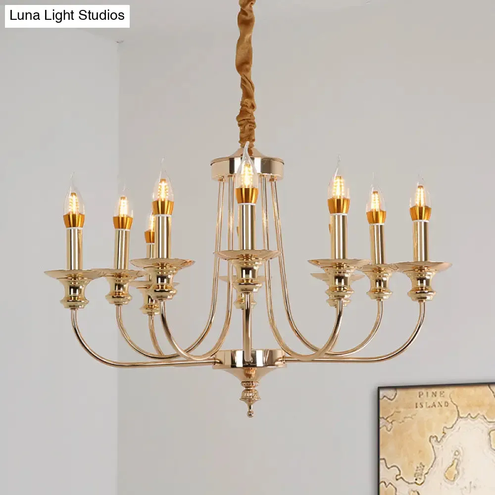 Colonial Metal Candelabra Chandelier: 10-Light Gold Pendant with Curvy Arm for Living Room