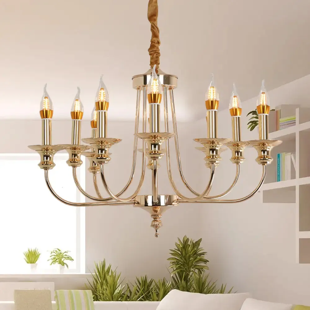 Colonial Metal Candelabra Chandelier: 10-Light Gold Pendant with Curvy Arm for Living Room