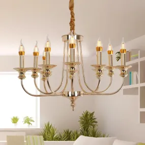 Colonial Metal Candelabra Chandelier: 10-Light Gold Pendant with Curvy Arm for Living Room