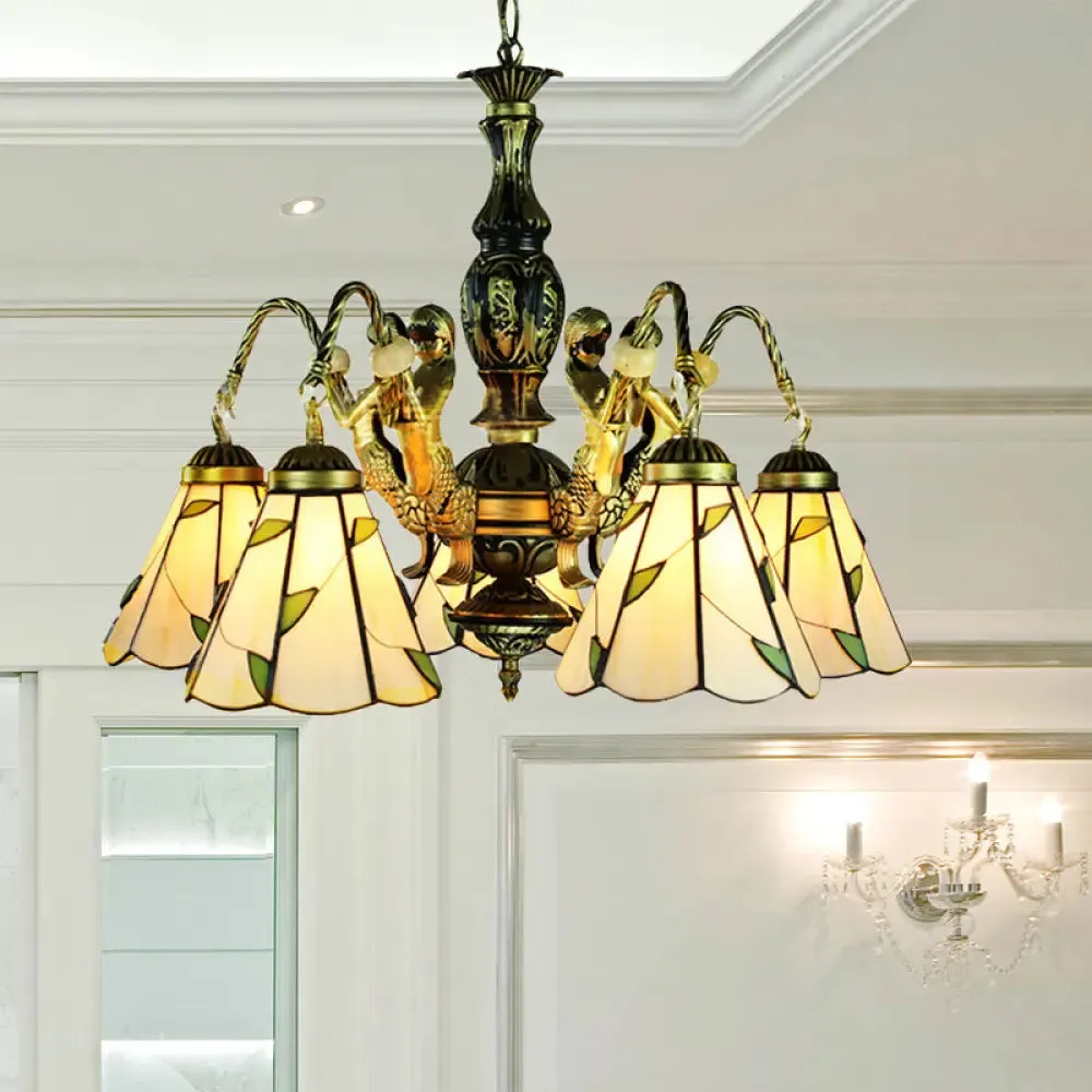 Conical Pendant Chandelier - 5-Light Tiffany Style Fixture in Beige with Cut Glass Accents