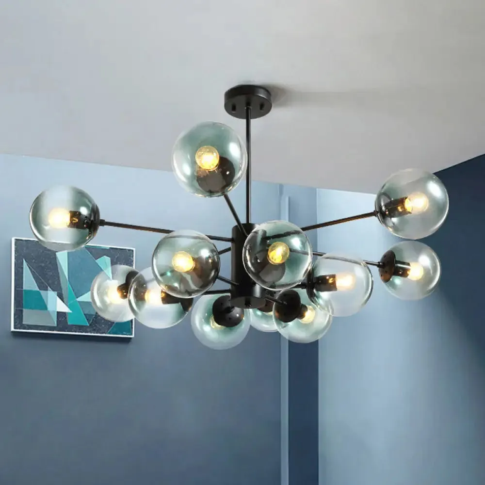 Contemporary Black Chandelier with 12 Lights, Hanging Light for Living Room, Amber/Blue/Clear Glass Shades