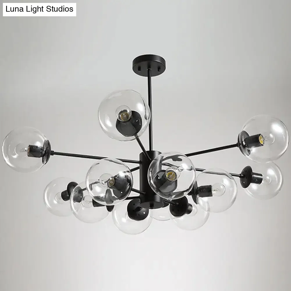 Contemporary Black Chandelier with 12 Lights, Hanging Light for Living Room, Amber/Blue/Clear Glass Shades