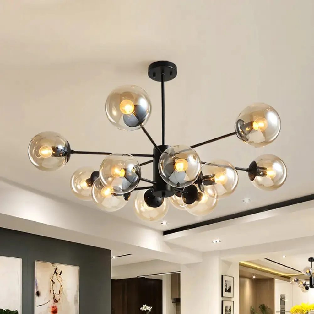 Contemporary Black Chandelier with 12 Lights, Hanging Light for Living Room, Amber/Blue/Clear Glass Shades