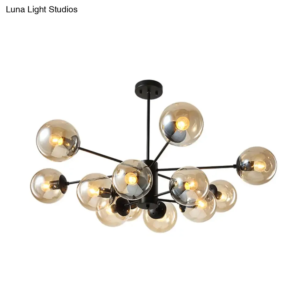 Contemporary Black Chandelier with 12 Lights, Hanging Light for Living Room, Amber/Blue/Clear Glass Shades