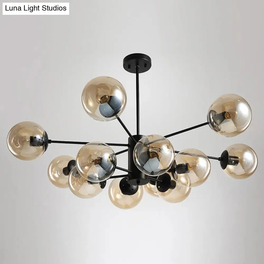 Contemporary Black Chandelier with 12 Lights, Hanging Light for Living Room, Amber/Blue/Clear Glass Shades