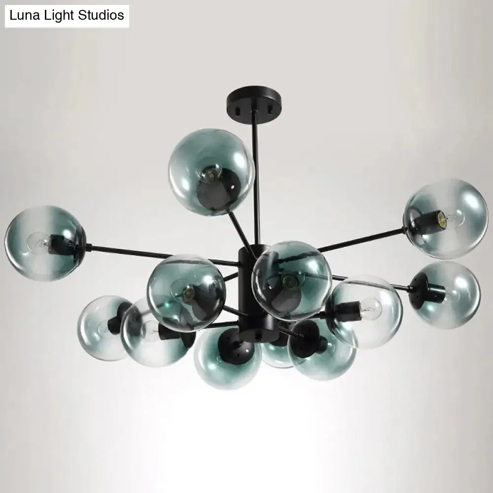 Contemporary Black Chandelier with 12 Lights, Hanging Light for Living Room, Amber/Blue/Clear Glass Shades