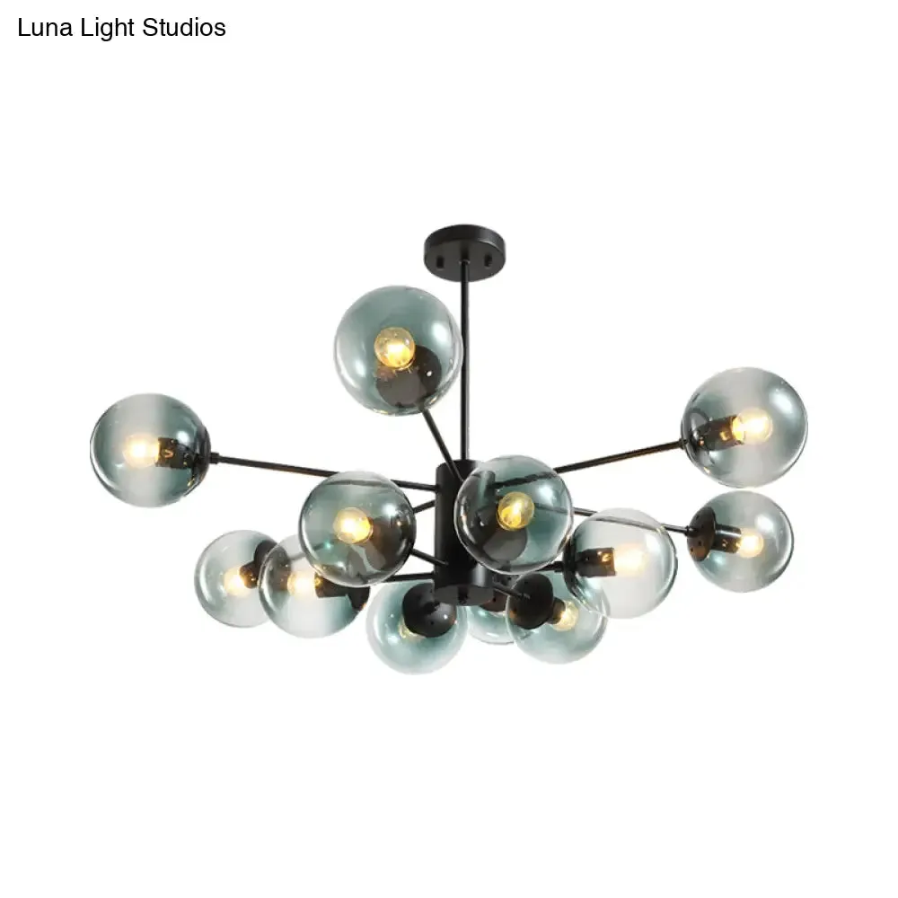 Contemporary Black Chandelier with 12 Lights, Hanging Light for Living Room, Amber/Blue/Clear Glass Shades