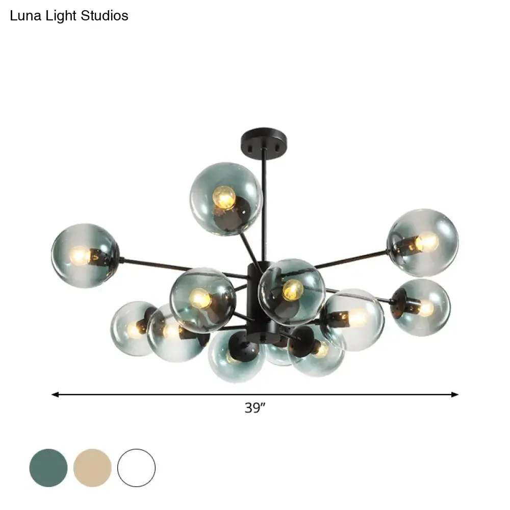 Contemporary Black Chandelier with 12 Lights, Hanging Light for Living Room, Amber/Blue/Clear Glass Shades