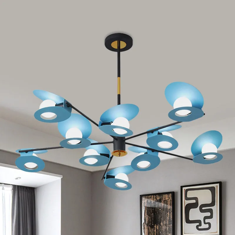 Contemporary Blue Disk Suspension Light Chandelier - Metallic Finish, 10-Bulb Living Room Lamp with Hollow Out Design