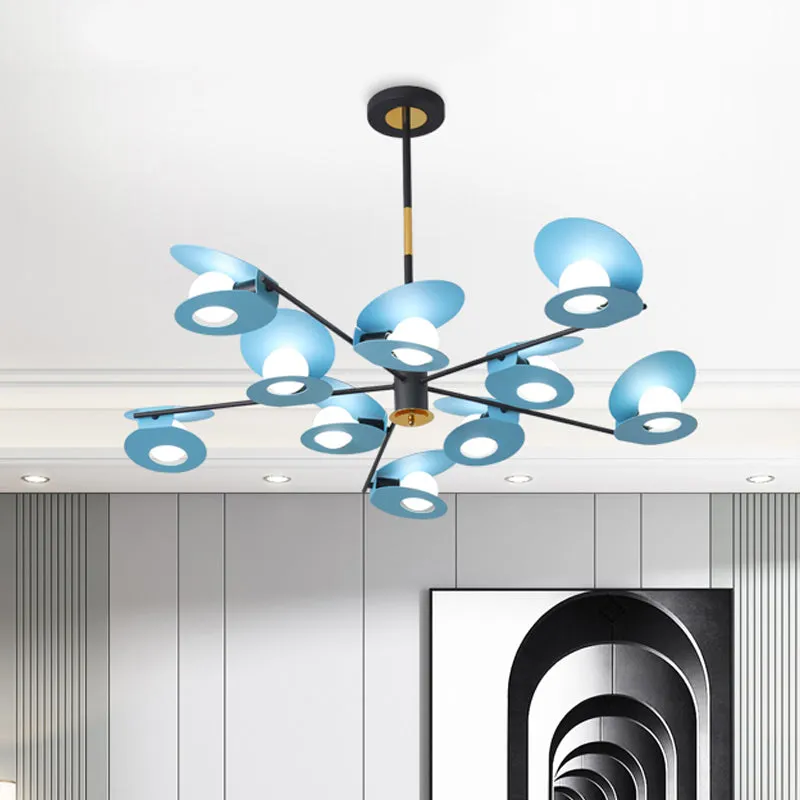 Contemporary Blue Disk Suspension Light Chandelier - Metallic Finish, 10-Bulb Living Room Lamp with Hollow Out Design