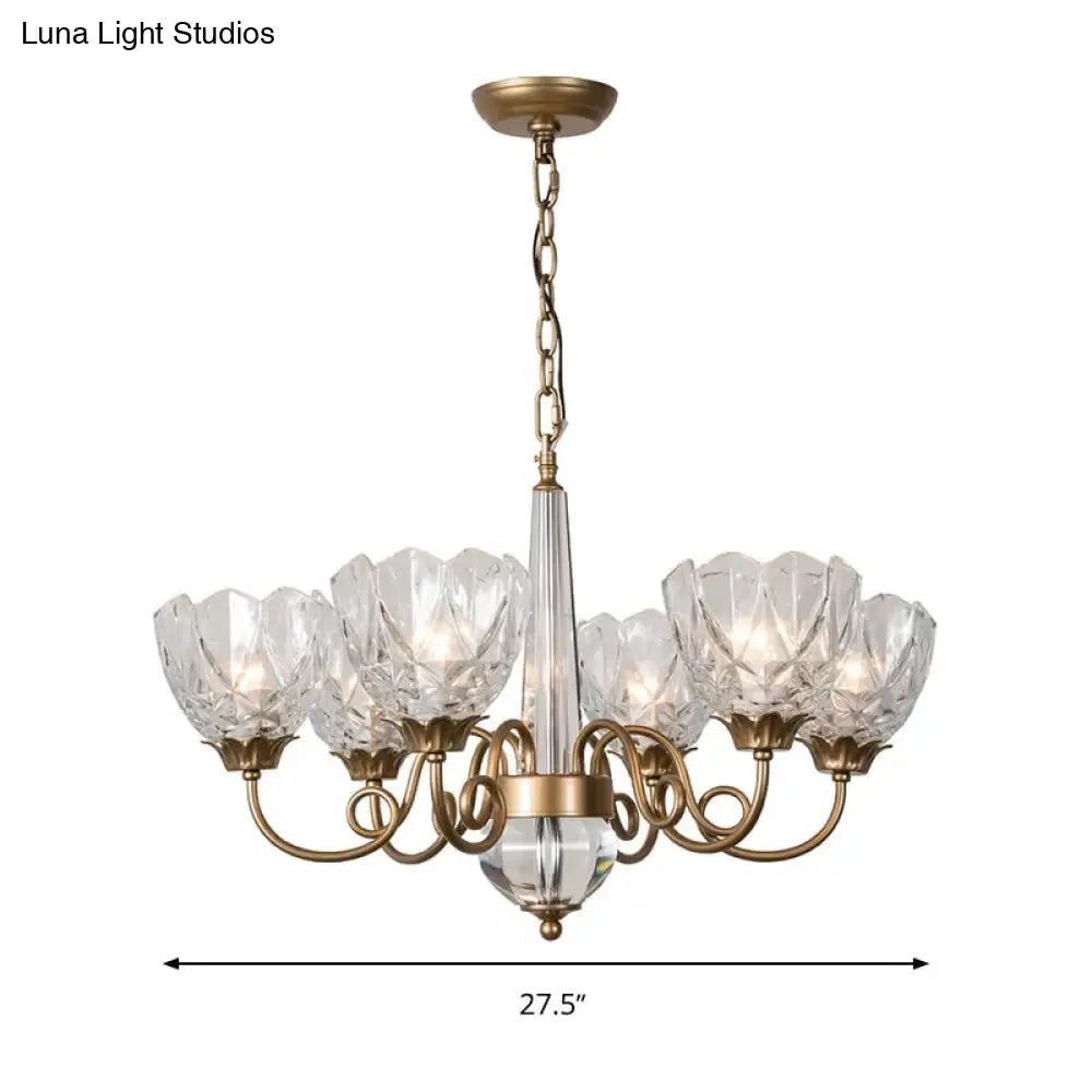 Contemporary Brass Bowl Pendant Chandelier - 6 Heads Ceiling Hanging Light with Clear Glass and Curved Metal Arm