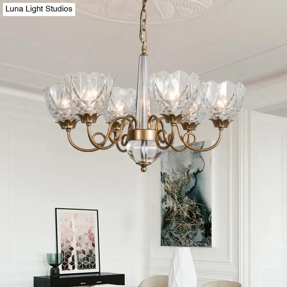 Contemporary Brass Bowl Pendant Chandelier - 6 Heads Ceiling Hanging Light with Clear Glass and Curved Metal Arm