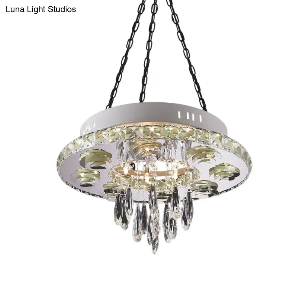 Contemporary Crystal Chandelier - White, Circular Design with 6 Lights and Droplets