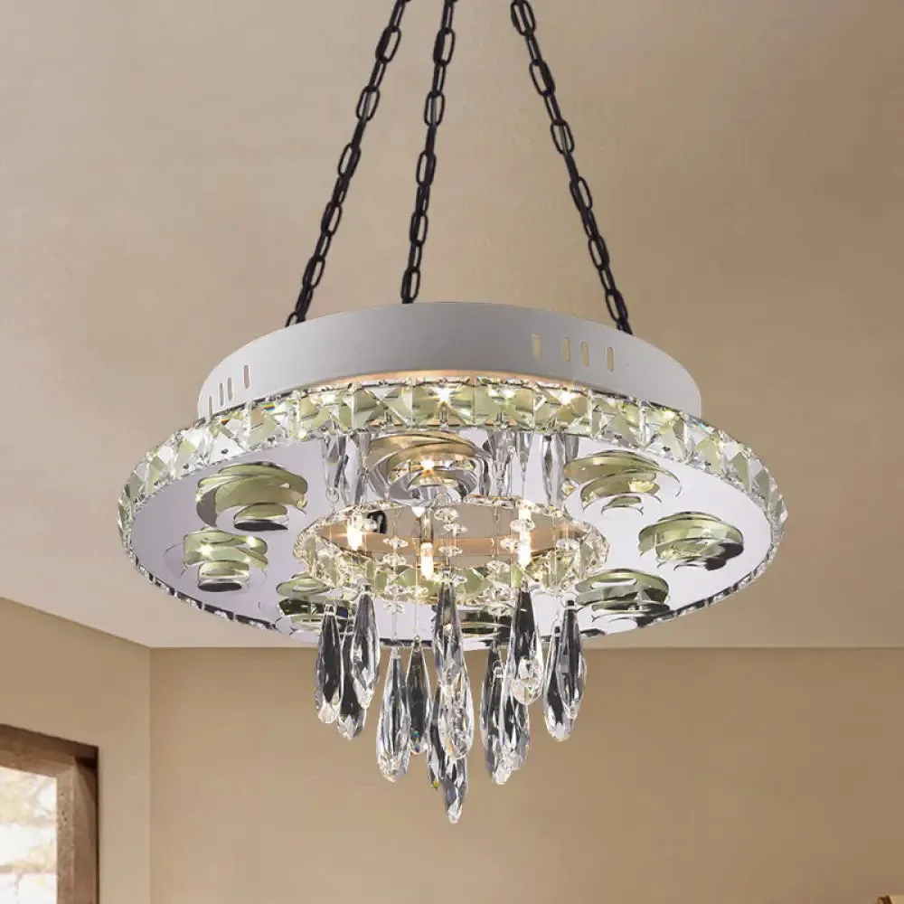 Contemporary Crystal Chandelier - White, Circular Design with 6 Lights and Droplets