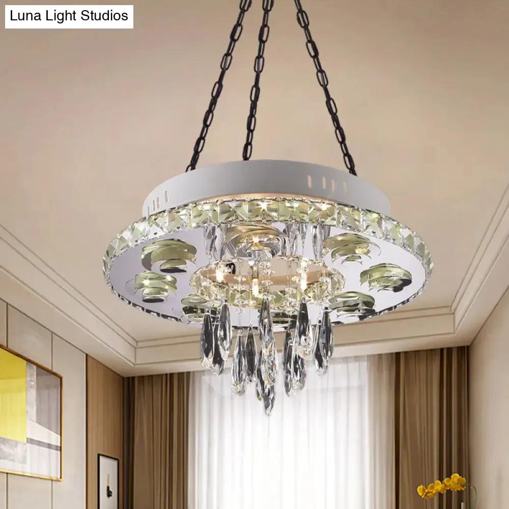 Contemporary Crystal Chandelier - White, Circular Design with 6 Lights and Droplets