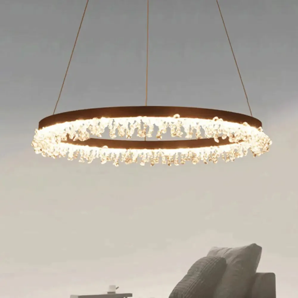 Contemporary Crystal LED Chandelier Light: Brown Round Hanging Lamp, Natural Light for Bedroom - 16"/23.5"/31.5" Wide