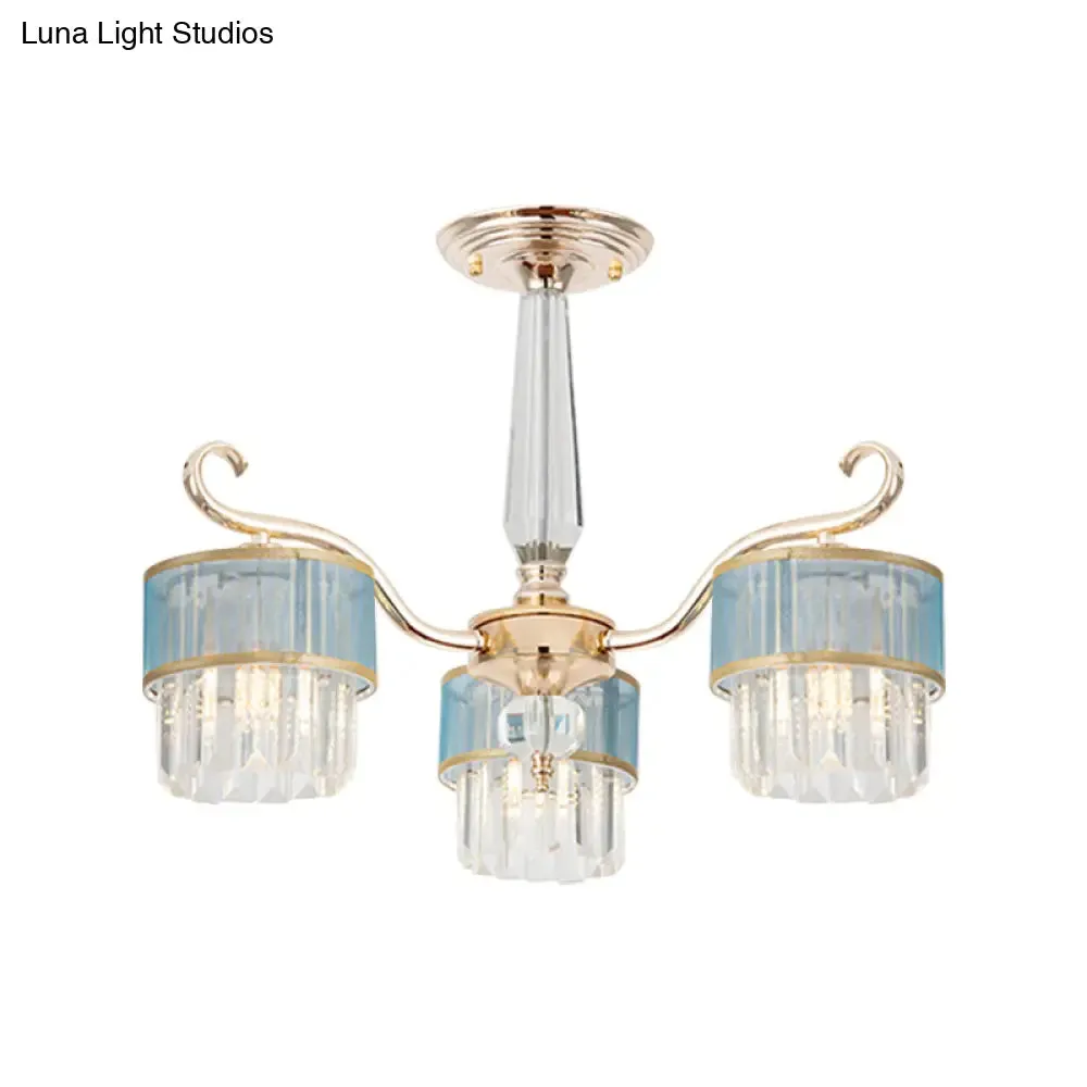 Contemporary Crystal Prisms Gold Cylinder Chandelier - 3 Lights - Pendant Ceiling Fixture