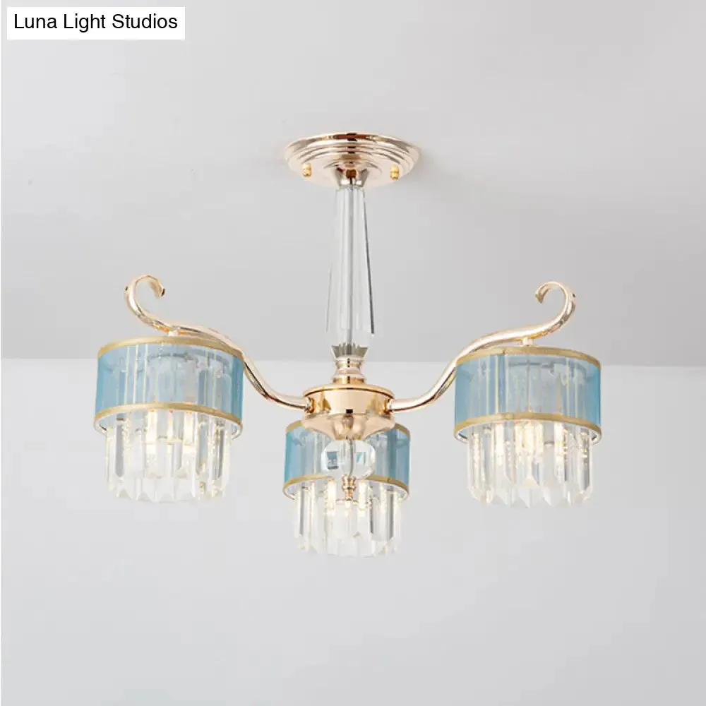 Contemporary Crystal Prisms Gold Cylinder Chandelier - 3 Lights - Pendant Ceiling Fixture