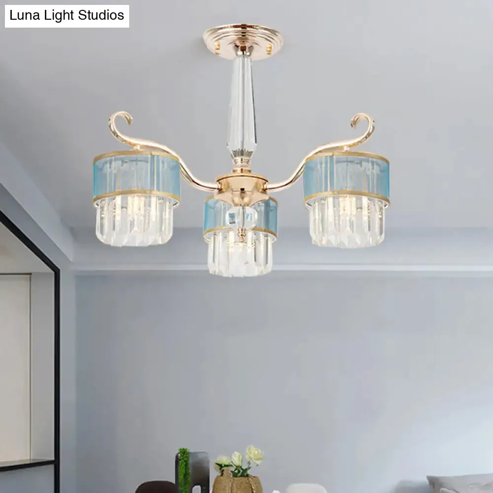 Contemporary Crystal Prisms Gold Cylinder Chandelier - 3 Lights - Pendant Ceiling Fixture