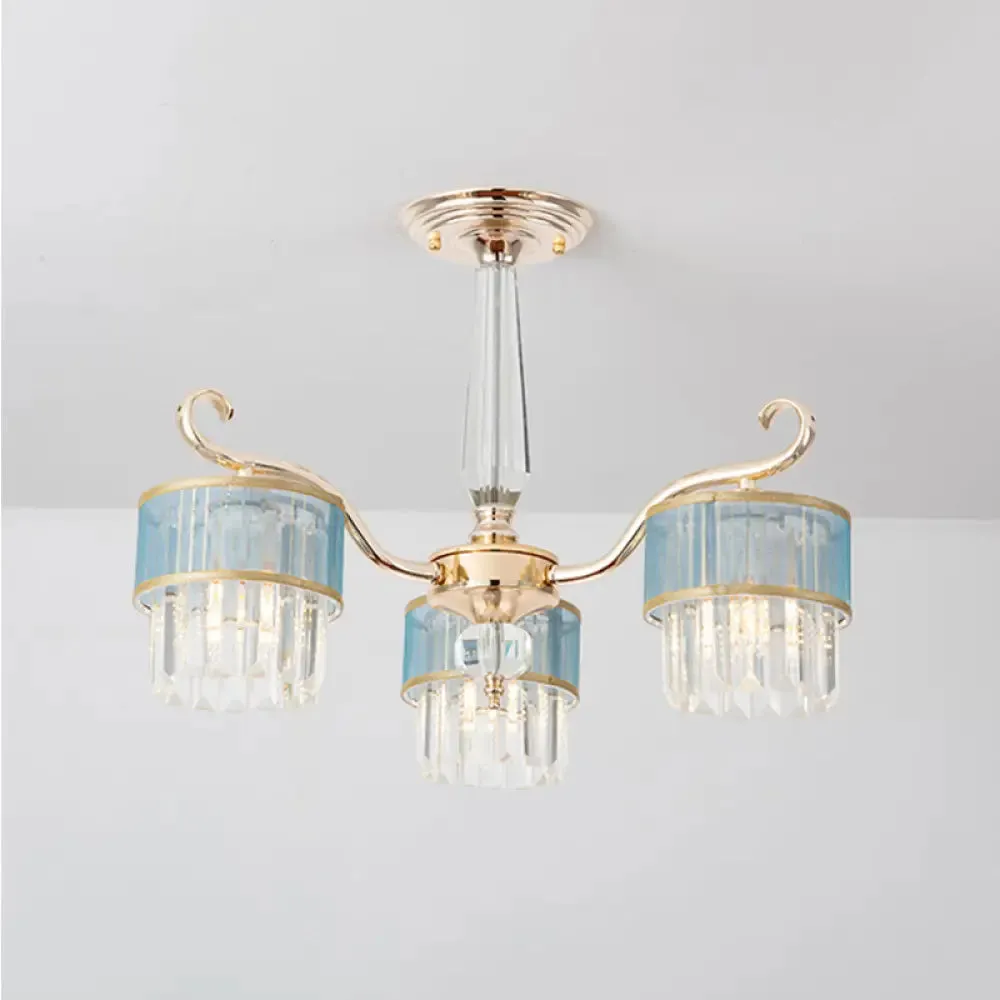 Contemporary Crystal Prisms Gold Cylinder Chandelier - 3 Lights - Pendant Ceiling Fixture