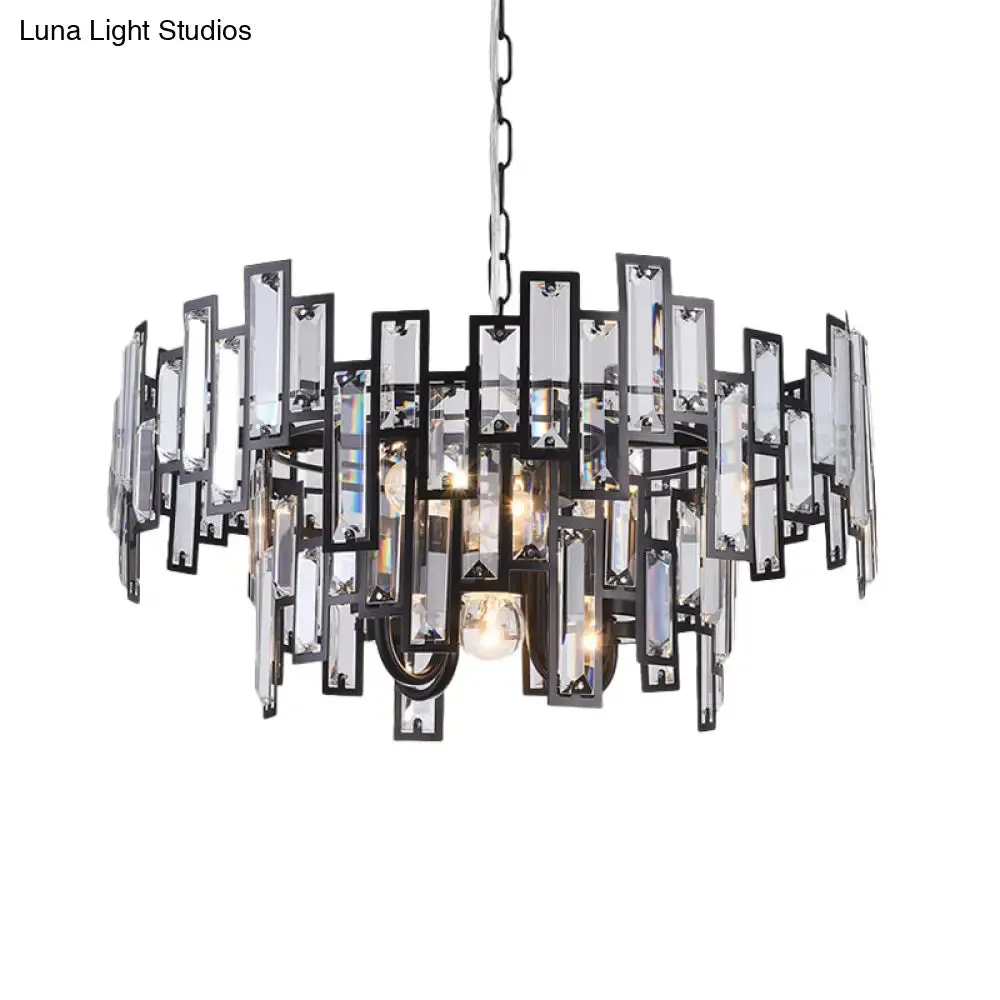 Contemporary Gold/Black Round Bedroom Suspension Light with 6 Crystal Block Bulbs