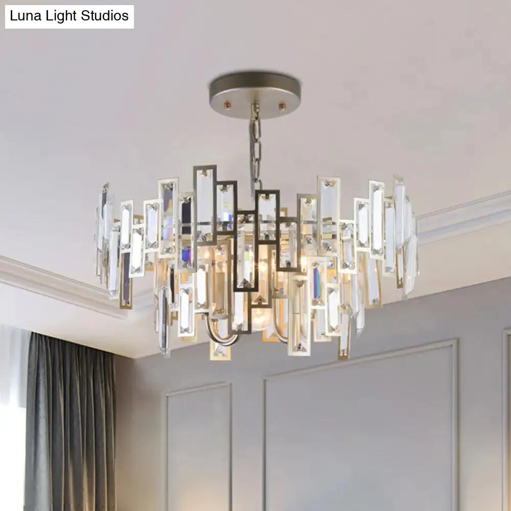 Contemporary Gold/Black Round Bedroom Suspension Light with 6 Crystal Block Bulbs