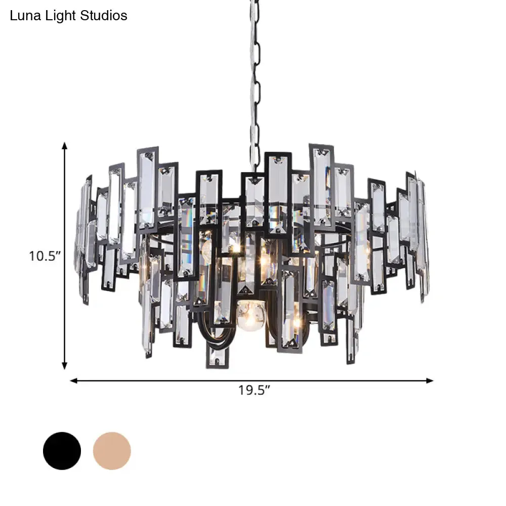 Contemporary Gold/Black Round Bedroom Suspension Light with 6 Crystal Block Bulbs