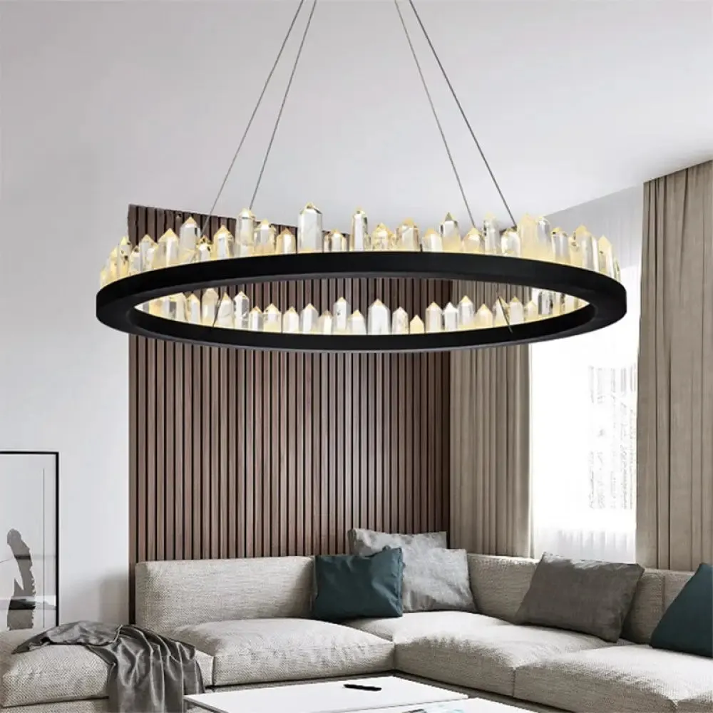 Contemporary LED Crystal Pendant Chandelier - Black Hanging Ceiling Light for Living Room - Warm/White Light