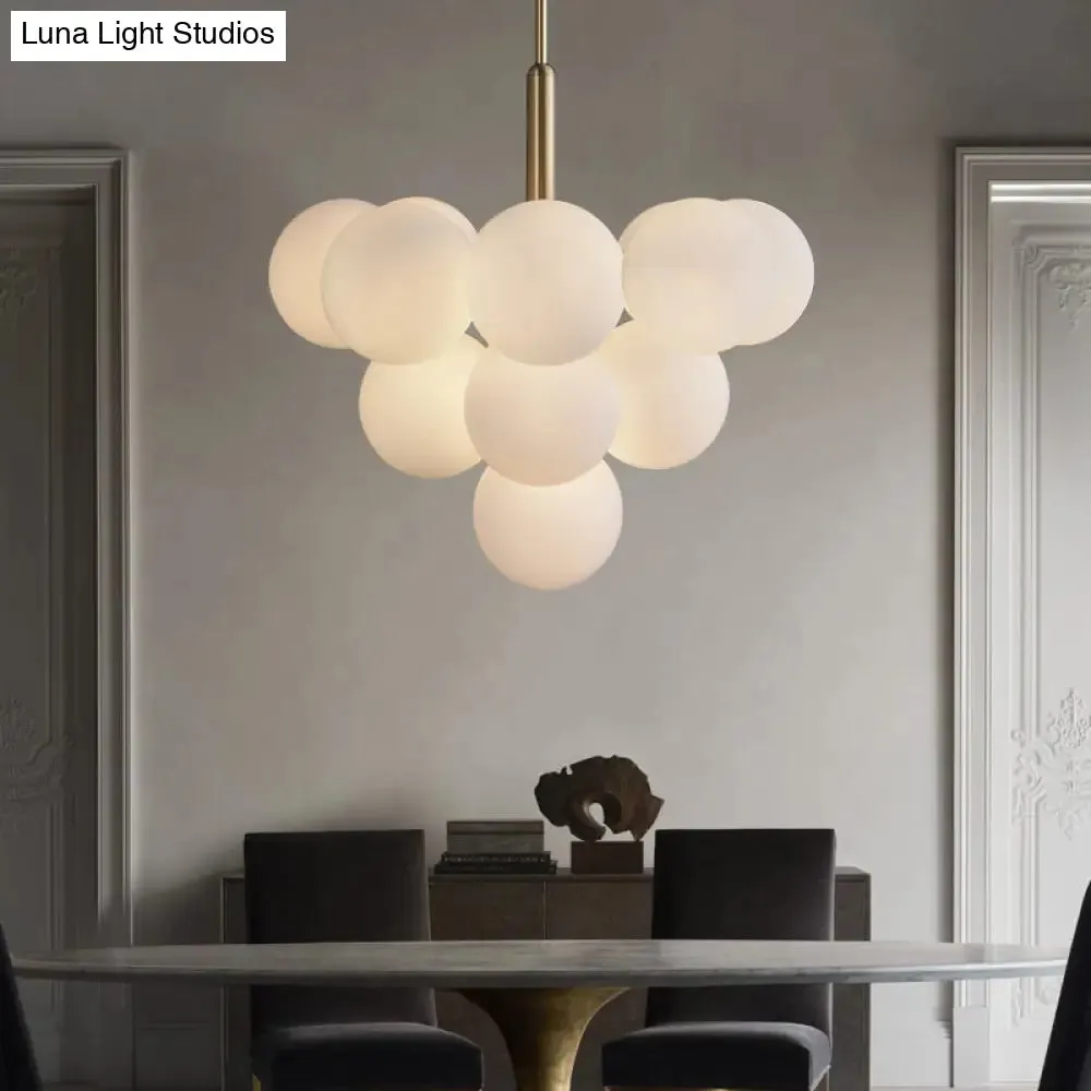 Contemporary White Glass Chandelier Lamp – 5/13 Lights Brass Pendant Light with Spherical Design