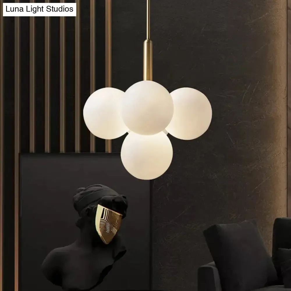 Contemporary White Glass Chandelier Lamp – 5/13 Lights Brass Pendant Light with Spherical Design