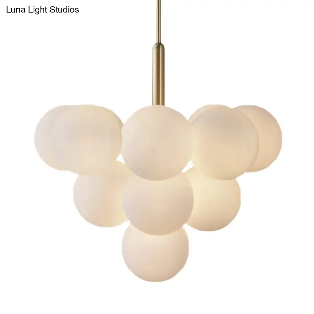 Contemporary White Glass Chandelier Lamp – 5/13 Lights Brass Pendant Light with Spherical Design