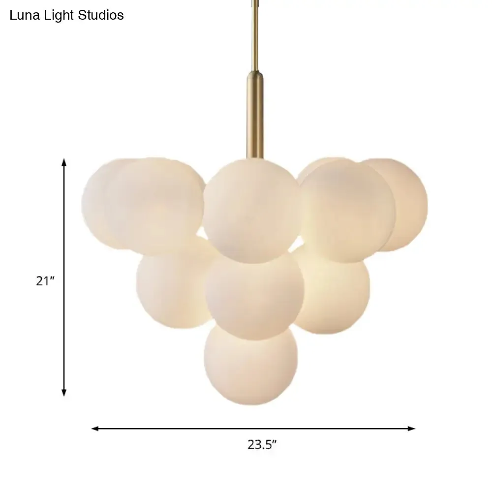 Contemporary White Glass Chandelier Lamp – 5/13 Lights Brass Pendant Light with Spherical Design