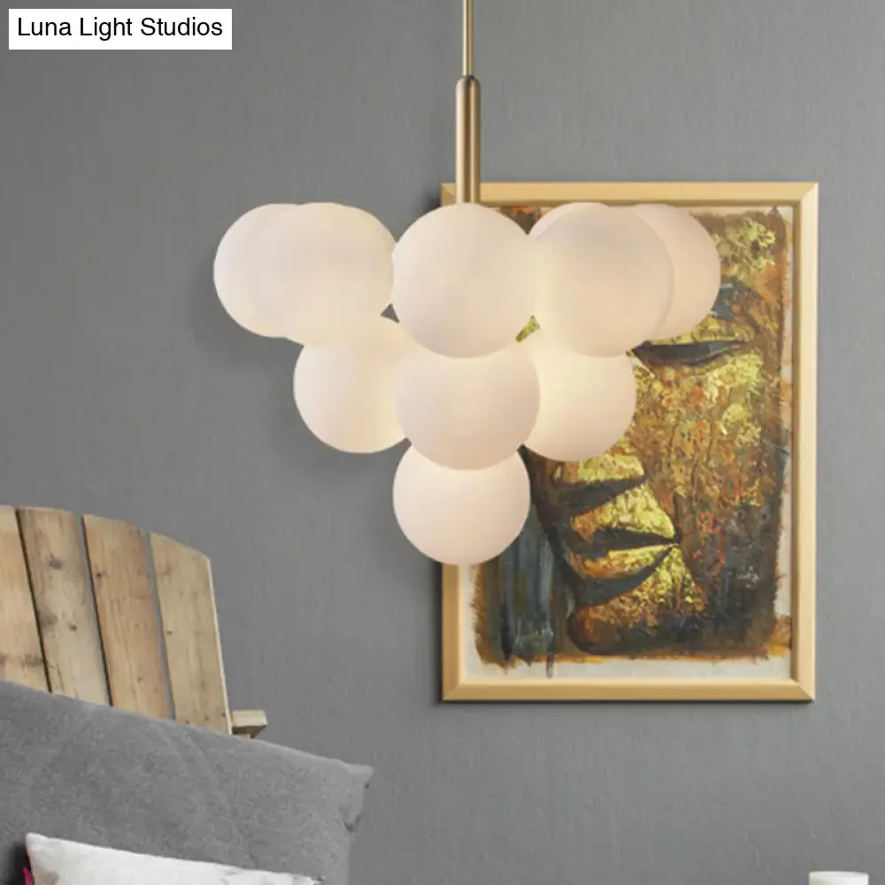 Contemporary White Glass Chandelier Lamp – 5/13 Lights Brass Pendant Light with Spherical Design